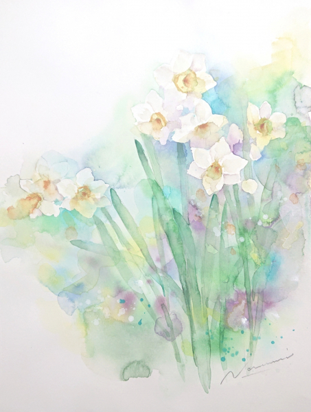 晚霞和花(水彩画) ヴォーグ学園